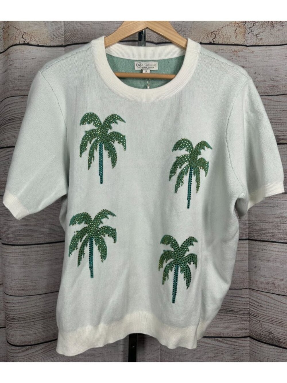 Cato Palm Tree Sweater XL Top Embellished Tropical Beige Short Sleeve NWT - Picture 6 of 11